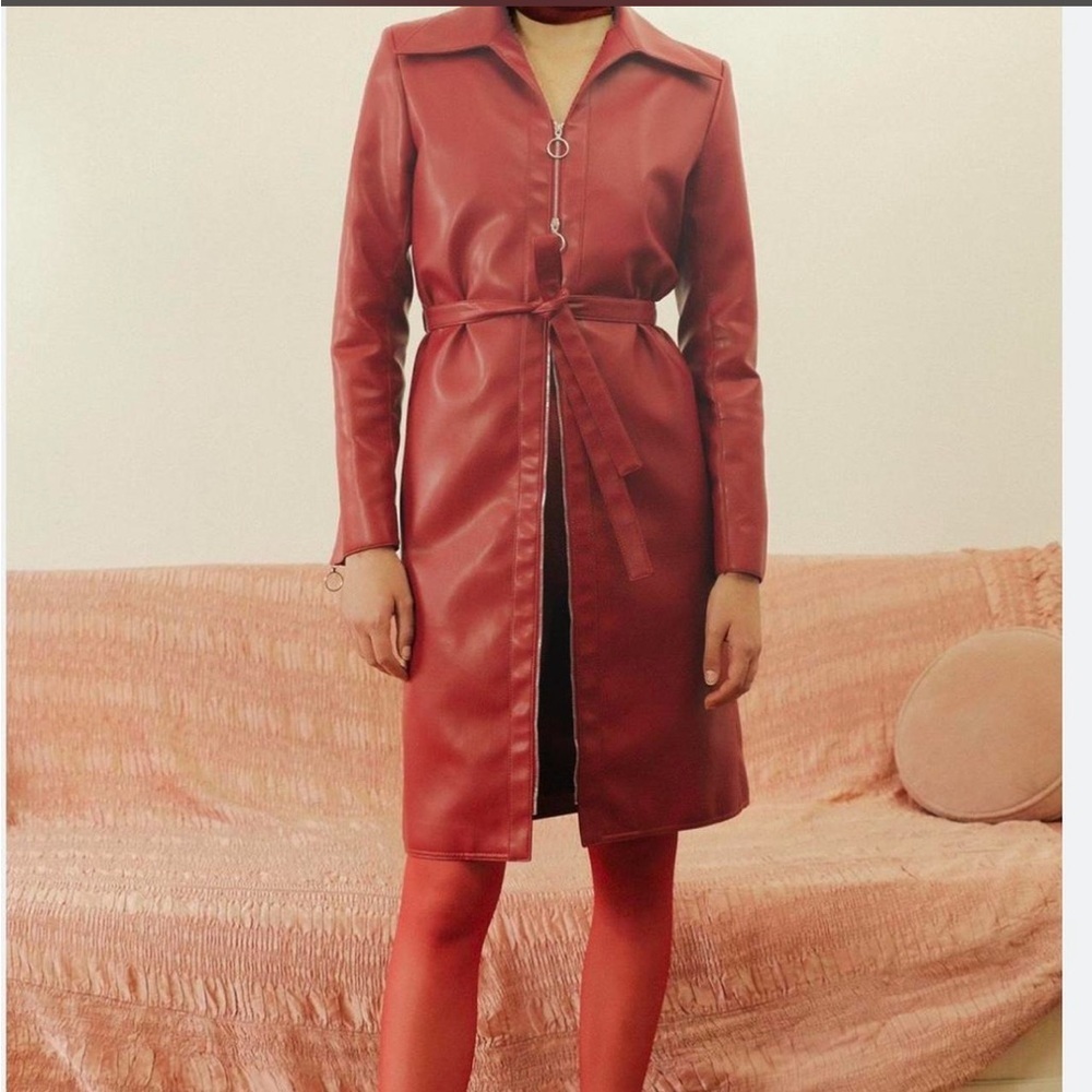 Orseund Iris Red Vegan Leather Belted Trench Coat Jacket Statement Designer L - Picture 11 of 15